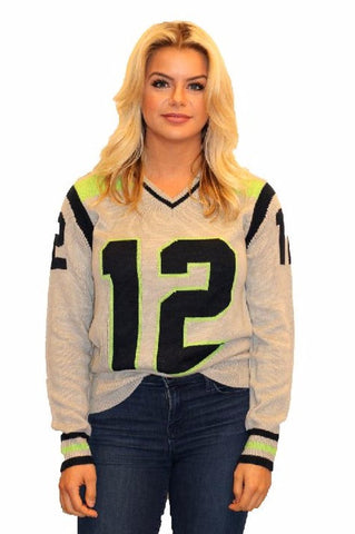 Gray Seattle Tribute Sweater with "12" and green V-Neck (UNISEX SIZING)