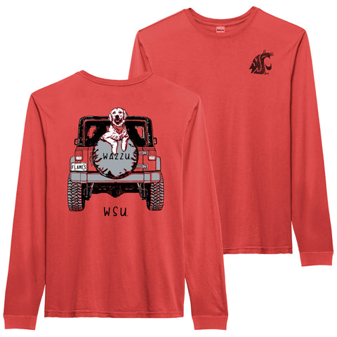 WSU Longsleeve Faded Crimson Jeep Tee with Golden Retriever