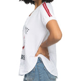 Zoozatz Womens White Tee with Striped Sleeves And Logo