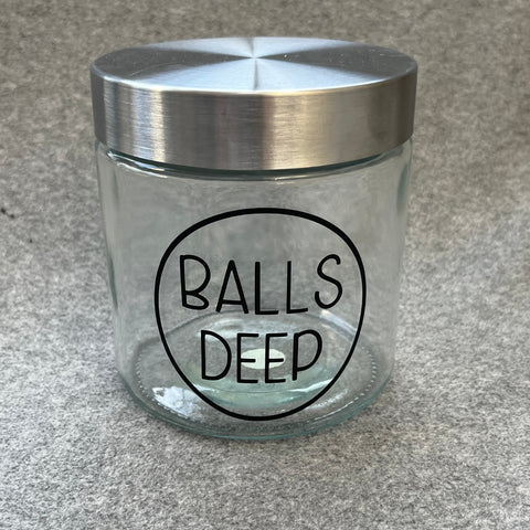 "Balls Deep" glass Cotton Ball jar