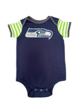 Seattle Seahawks Navy Onesie W/ Logo and Green Striped Sleeves