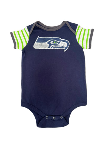 Seattle Seahawks Navy Onesie W/ Logo and Green Striped Sleeves