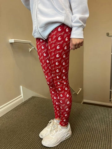 Zoozatz Ladies Crimson Leggings W/ WSU Logo and "Go Cougs" All Over