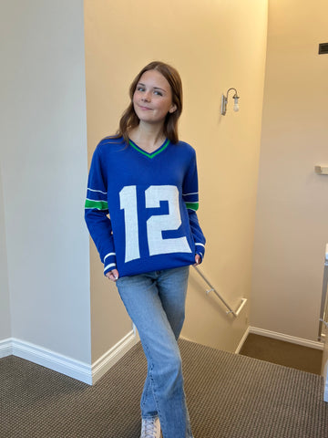 Blue Seattle Tribute Sweater with "12" and Green V-Neck (UNISEX SIZING)