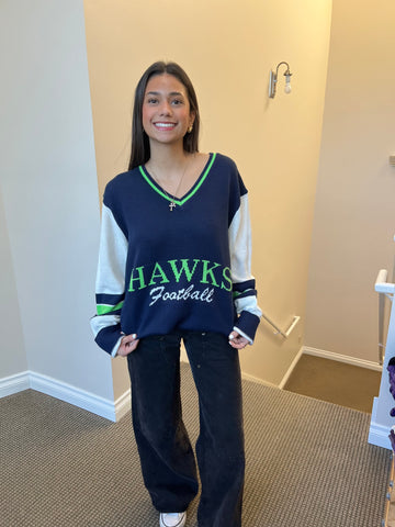 Navy Seattle Tribute Sweater with "Hawks Football" and Green V-Neck (UNISEX SIZING)