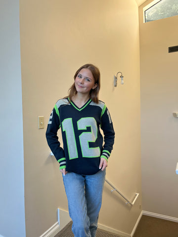 Navy Seattle Tribute Sweater with "12" and Green V-Neck (UNISEX SIZING)