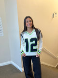 White Seattle Tribute Sweater with "12" and green V-Neck (UNISEX SIZING)