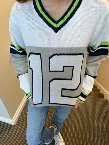 White and Gray Seattle Tribute Sweater with "12" and Green V-Neck (UNISEX SIZING)