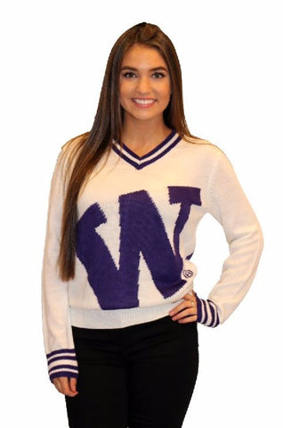 UW White and Purple Slanted Logo Tribute Sweater (UNISEX SIZING)