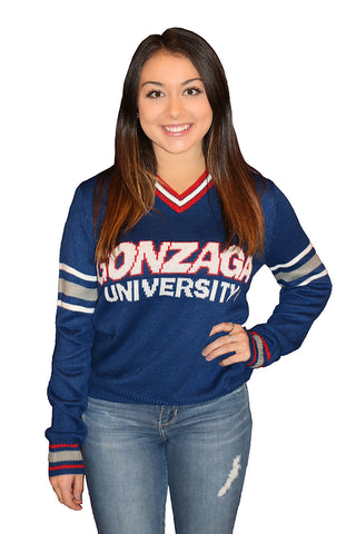 Gonzaga Navy Blue Tribute Sweater with Striped V-Neck (UNISEX SIZING)