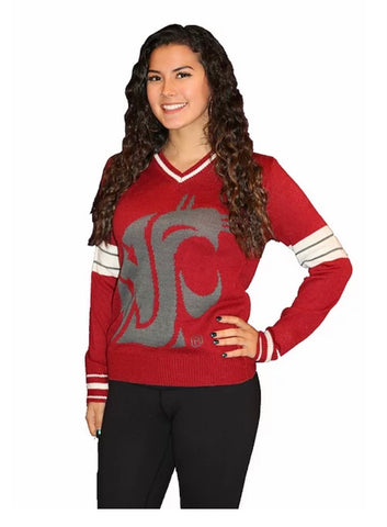 WSU Crimson and Gray with Striped Collar V-Neck Tribute Sweater  Sweater (UNISEX SIZING)