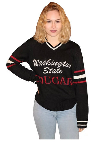 Washington State Cougars Black Tribute V-Neck Sweater (UNISEX SIZING)